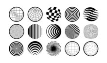 Set Of Spherical Geometric Objects. Round Distorted, Retracted And Swollen Mesh And Funnel Shapes. Hypnotic Line Figures. Vector Illustration