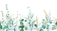Watercolor Seamless Pattern, Border With Green Eucalyptus Leaves And Golden Leaves And Splashes.