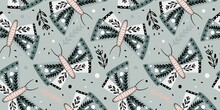Hand Drawn Butterflies Seamless Pattern. Flying Insect Print. Butterfly And Flowers Endless Wallpaper.