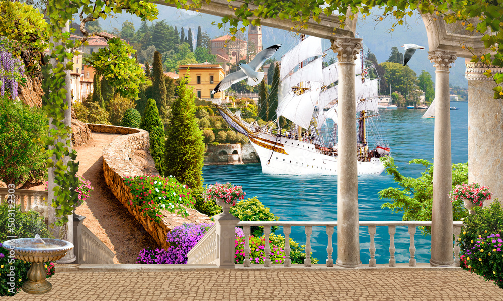 View of a sailing yacht anchored in the bay. Terrace with access to the ...
