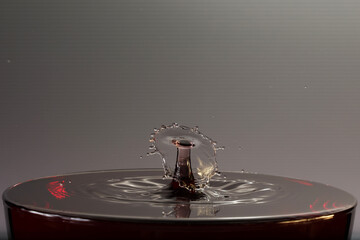 Poster - Splash of water on a surface that results in water sculptures on a gray background with copy space