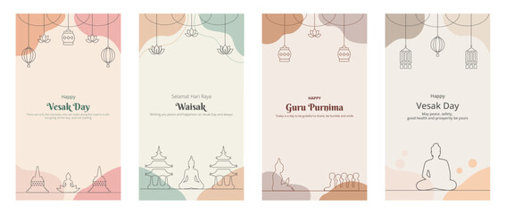 Set of Vesak Day Social Media Story Post Template. Buddha, Lotus, Temple, Lantern India Vector Illustration. Selamat Hari Raya Waisak. Happy Guru Purnima Background