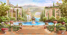 Beautiful View Of The Lake And Mountains From The Blooming Garden. Digital Collage. Wallpaper. Poster Design. Gazebo With A Fountain.