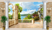 View From The Balcony On The Coast Of Italy And A Beautiful Gazebo On The Mountain. Digital Mural. Wallpaper.