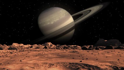 Wall Mural - footage of saturn seen from mars with small rocks and red sand