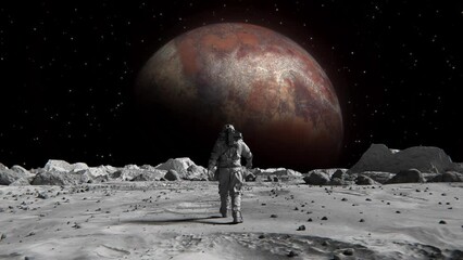 Wall Mural - footage of a brave astronaut in a suit confidently walking on the moon toward a space planet