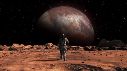 Wall Mural - footage of a brave astronaut in a suit confidently walking on mars toward a space planet