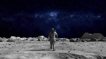 Wall Mural - footage of a brave astronaut in a suit confidently walking on the moon toward the milky way