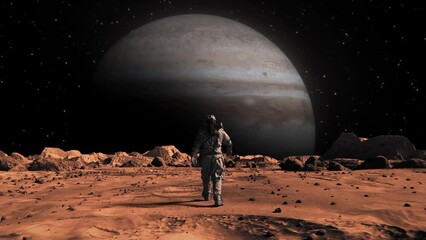 Wall Mural - footage of a brave astronaut in a suit confidently walking on mars toward planet jupiter