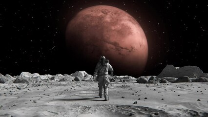 Wall Mural - footage of a brave astronaut in a suit confidently walking on the moon toward planet mars
