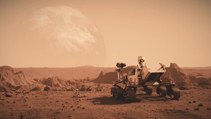 Wall Mural - footage of nasa's mars rover traveling across the surface of mars towards saturn