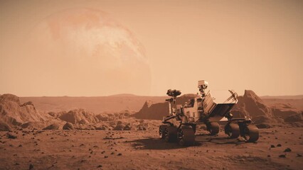 Wall Mural - footage of nasa's mars rover traveling across the surface of mars towards saturn