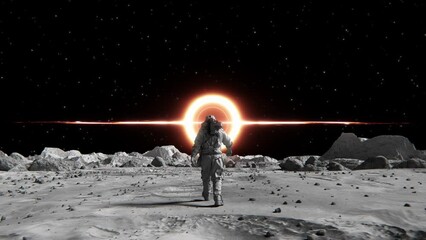 Wall Mural - footage of a brave astronaut in a space confidently walking toward a supermassive black hole