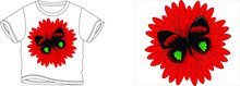 Butterfly And Red Flower T-shirt Design Background Color Is A White And T-shirt Color Is A White Beautiful Color And Beautiful Design