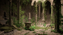 Dark Mysterious Ruin Of A Fantasy Medieval Temple Overgrown With Ivy. 3D Illustration.