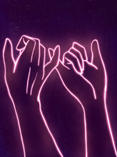Beautiful Neon Hands, Starry Night Sky. Hand Drawn Illustration, Friendship And Love Concept