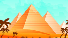Abstract Orange Desert Background Silhouette With Pyramids And Palms Trees Vector Design Style Nature Landscape