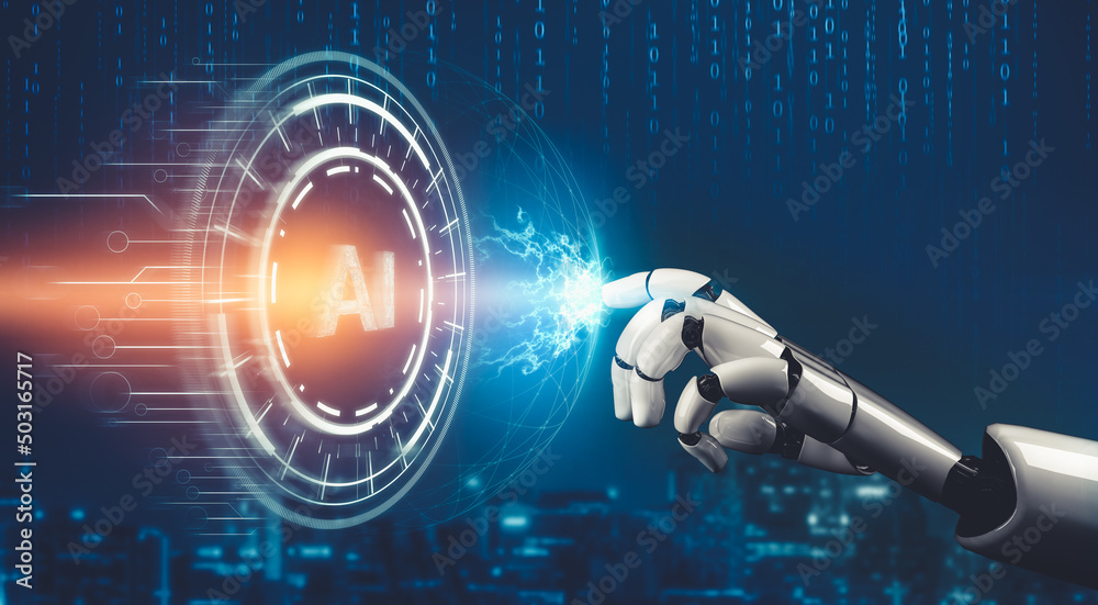 3D rendering futuristic droid robot technology development, artificial ...