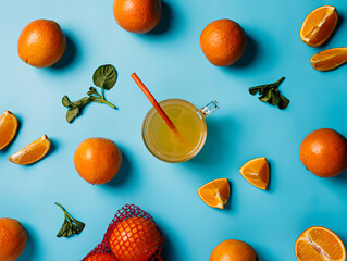 Fruit pattern with fresh oranges, slices and glass of refreshing drink on vivid blue background. Creative summer food concept. Minimal pop art vegetarian meal. Flat lay, top view.