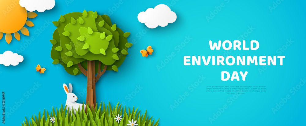Environment Friendly Header World Environment day header. Beautiful fluffy cloud, blue sky ...