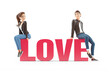 © 3Dmask - 3d cartoon couple sitting on word love