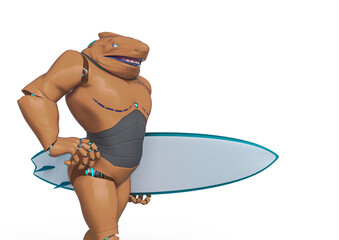 side view of a cyber shark that  is holding a surf board with copy space