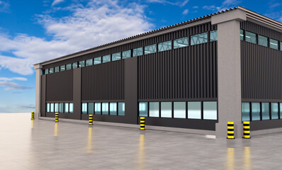 Poster - Industrial hangar. Concrete pad next to industrial hangar. Hangar with industrial plant exterior. Factory building on blue sky background. Visualization plant building. 3d rendering.