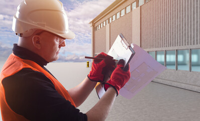 Poster - Design of industrial buildings. Builder with blueprints. Industrial engineering. Male Builder stands on street. Architect in front of industrial buildings. Engineer draws architectural plan.