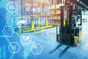 Wall Mural - Technology fulfillment. Forklift in logistics warehouse. Fulfillment symbols next to forklift. Racks with boxes in warehouse. Goods fulfillment services. Storage and transportation of orders
