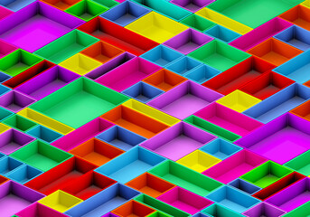 Poster - Kids wallpaper. Multi-colored elements are located nearby. Children wallpaper in different colors. Wallpaper kids organization design. Colorful geometric objects. Small containers for kids. 3d image