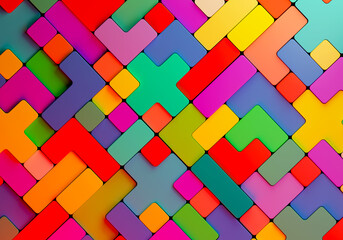 Poster - Toy brick. Multi-colored elements of different shapes. Geometric baby wallpaper. Decorative geometric elements. Rainbow toy bricks. Cartoon style wallpaper. Children backdrop. 3d rendering.