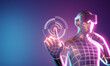 3D wireframe virtual human wear VR headset raised up hand and pointing. 3D illustration rendering