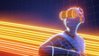 3D blue wireframe virtual human wear orange VR headset on light orange dark background. 3D illustration rendering
