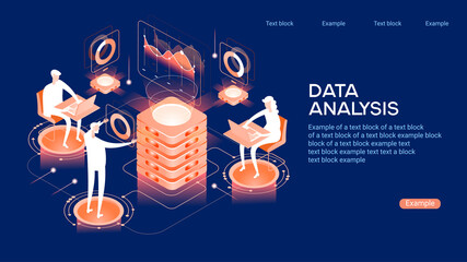 Wall Mural -  People in the team analyze diorrams and graphics. Data visualization concept. 3d isometric vector illustration.