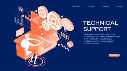 Poster - Technical support illustration concept. Modern business technology. Technical support engineer with computer at work. Design concepts for web banners. 3D vector isometric illustration.