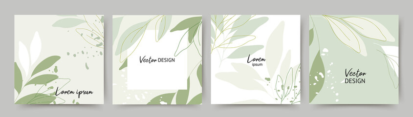 Wall Mural - spring summer green square backgrounds. minimalistic style with floral elements. editable vector tem