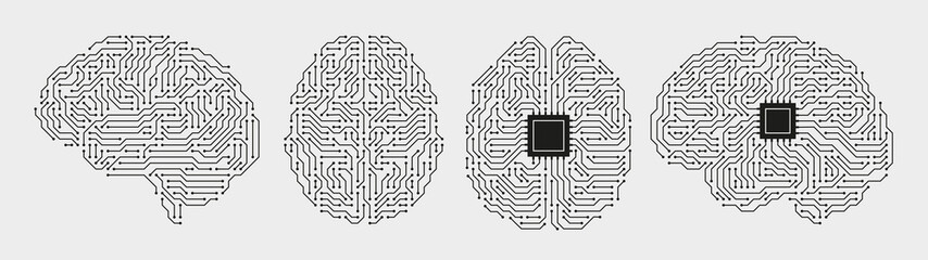 Wall Mural - Circuit board brains. Artificial intelligence microchip, AI chip and digital brain processor vector illustration set