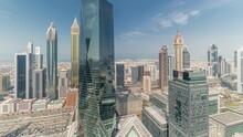 Panorama Showing Futuristic Skyscrapers In Financial District Business Center In Dubai On Sheikh Zayed Road Timelapse