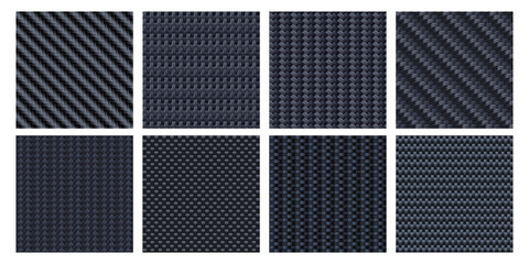 Carbon fiber texture. Interlaced fibers, carbonic woven and black aramid material seamless pattern vector set