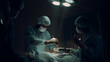 © stockbusters - Medical staff performing surgical operation in dark hospital emergency room.