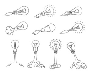 Wall Mural - One line lamp rocket. Idea launch, bulb rockets and start smart idea concept vector illustration set