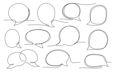 One line round dialog bubble. Chat message, comment template, circle and oval speech bubbles frames vector set