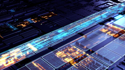 Poster - Printed circuit board futuristic server/The mother server is processing the data, Circuit board futuristic server code processing. Orange, red, blue technology background with bokeh. 3d rendering