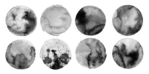 Wall Mural - set of black and white watercolor circle flow blot. abstract texture stain isolated on white backgro