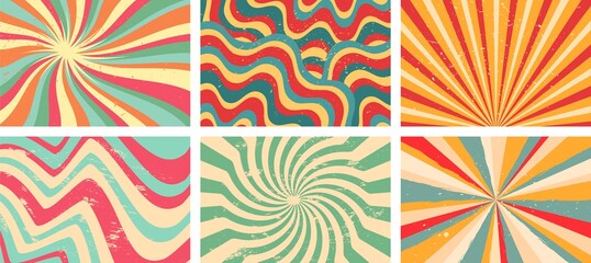 Groovy background. Starburst rays, colorful funky waves and vintage 60s hippie psychedelic wallpaper backdrop vector set