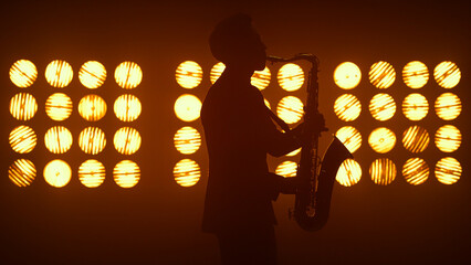 Unknown jazz man saxophonist performing on stage. Player holding modern sax.