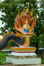 Thai Naga Statue In The Wat Pa Wang Nam Yen Temple At Mahasarakham Province.