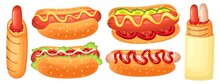 Cartoon Hotdog. French Hot Dog, Street Food With Sausage, Sause And Sesame Seeds Bun Vector Illustration Set