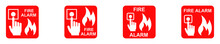 Fire Alarm Call Point Vector Icons Set. Emergency Fire Alarm Button. Red Emergency Signs. 