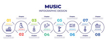 Infographic Template Design Vector With Icons And 8 Options Or Steps. Infographic Elements From Music Concept. Included Classical Music, Cowbell, Three Strings Guitar, Volume Off Speaker, Pied Piper